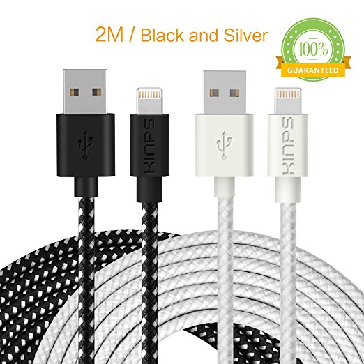 Apple Cable, Apple MFi Certified Lightning Cable- Kinps®6.6ft/2m Nylon Braided USB Cable with Lightning Connector for iPhone, iPod and iPad (6.6FT Black&Silver)