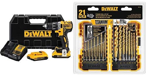 DEWALT DCD791D2 20V MAX XR Li-Ion 0.5" 2.0Ah Brushless Compact Drill/Driver Kit with DEWALT DW1361 Titanium Pilot Point Drill Bit Set, 21-Piece