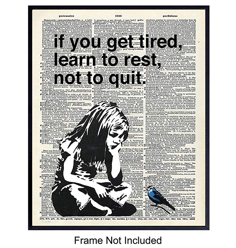 Banksy Rest Don't Quit - Unframed Dictionary Wall Art Print - Makes a Great Gift for Home Decor, Living Room, Bedroom - Ready to Frame (8X10) Vintage Photo - Girl with Bird