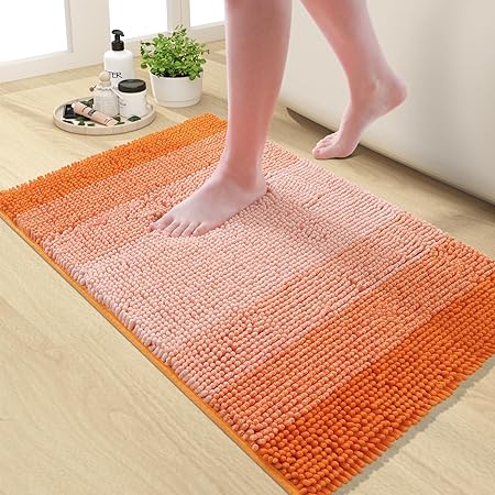 OLANLY Bathroom Rug, Extra Soft Chenille Thick Absorbent Shaggy Mat, Non-Slip Machine Wash Dry Plush Bath Mats for Bathroom, Tub and Shower (24 x 16 Inch, Orange)