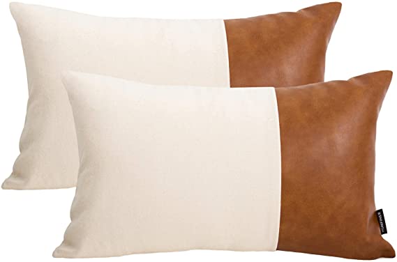 HOMFINER Decorative Lumbar Throw Pillow Covers for Couch Bed Sofa, 100% Thick Soft Natural Cotton and Faux Leather Modern Boho Farmhouse Rustic Decor Cushion Cases Cream Brown 12x20 inch Set of 2