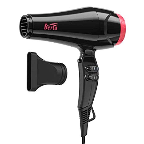 Berta1875w Professional Lightweight Damage Protection Hair Dryer, Ceramic Ionic Tourmaline Technologies-AC Motor Low Noise Salon Fast Drying Blow Dryers with Concentrator Attachment for Men&Woman (BK)