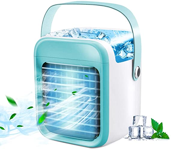 Portable Air Conditioner Fan,Rechargeable Evaporative Air Conditioner Fan with 3 Speeds 7-Color LED Light Multi-Function Small Electric Fan Portable Air Cooler (Blue)