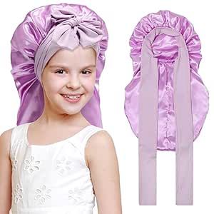 Kids Long Hair Bonnet for Sleeping - Double Layer Girls Elastic Satin Bonnet with Tie Band for Braid Curly Hair (Little Purple)