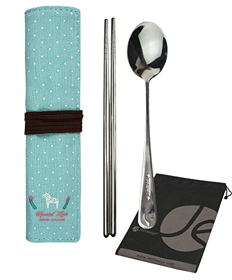 JAVOedge Steel Chopsticks and Spoon Lunch Silverwear Set with Wrap Holder