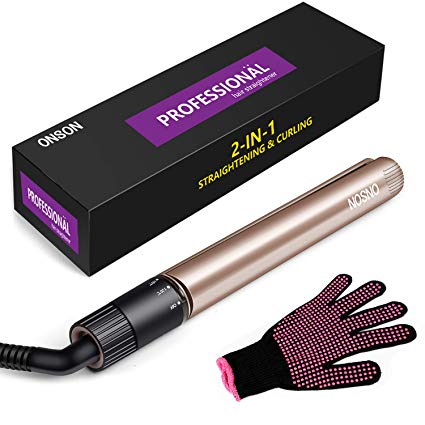 Hair Straighteners,ONSON Hair Curler 2 in 1 Ceramic Plates Curling Flat Iron with Gloves,Professional Salon Hair Straightener can Rotating Adjustable Temperature during 120℃-230℃