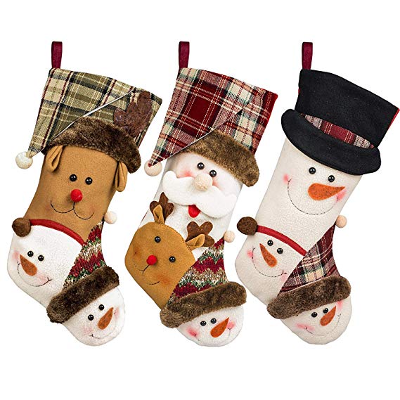 CUKENG Christmas Stockings 3 Pack, 17'' Xmas Stockings, Large Size with 3D Santa/Snowman/Reindeer Christmas Stocking for Gifts Stuffers & Christmas Party Decoration