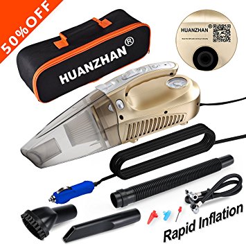 Car Vacuum Cleaner,4 in 1 Handheld Vacuum--Portable Vacuum HUANZHAN DC 12V 106W 4500 Pa Wet/Dry Car Vacuum Cleaner High Power,With Tire Inflator,Tire Pressure Gauge ,Floodlight - Upgraded(Gold)