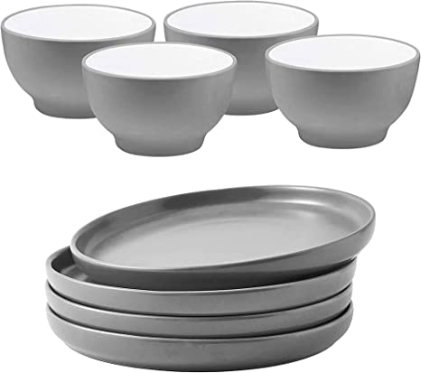 Bruntmor Ceramic Dessert Bowls Dip Bowls (20 Oz, Set of 4) (Grey) Bundle with Bruntmor Set of 4 Elegant Matte 8" Round Ceramic Restaurant Serving Dinner Plates, Grey
