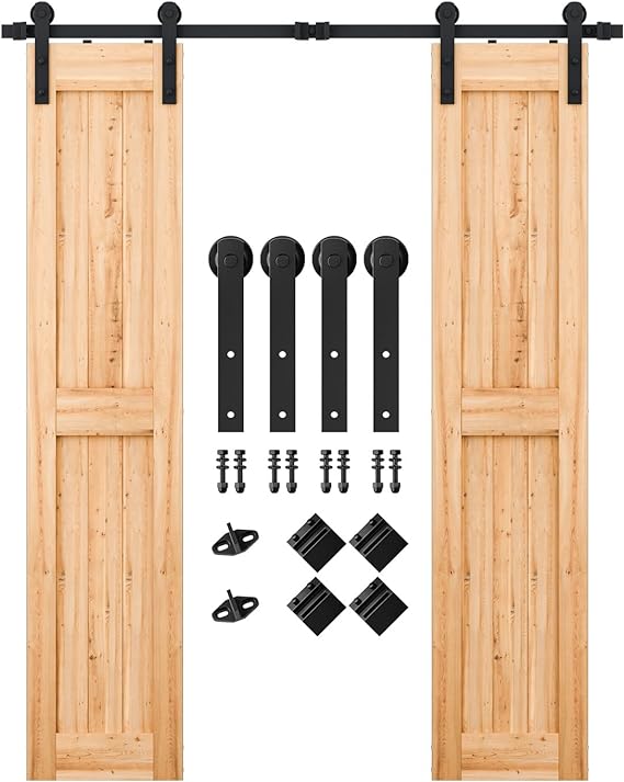 SMARTSTANDARD 6FT Heavy Duty Double Door Sliding Barn Door Hardware Kit,Smoothly and Quietly-Easy to Install-Includes Step-by-Step Installation Instruction Fit 18" Wide Door Panel