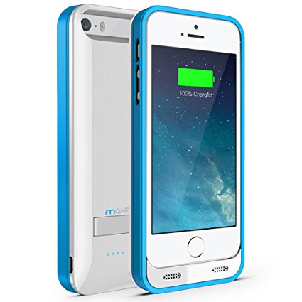 iPhone 5 Battery Case , Maxboost Atomic S iPhone Charger For Apple iPhone 5 / iPhone 5s [APPLE MFI Certified] Protective 2400mAh Battery Pack Juice Power Case with Built-in Kickstand - White/Blue