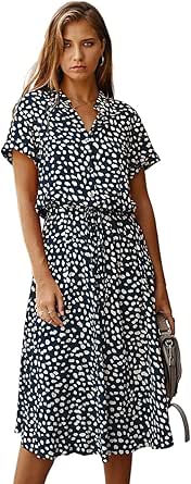 Milumia Womens Button Front Drawstring High Waist Short Sleeve A Line Midi Dress