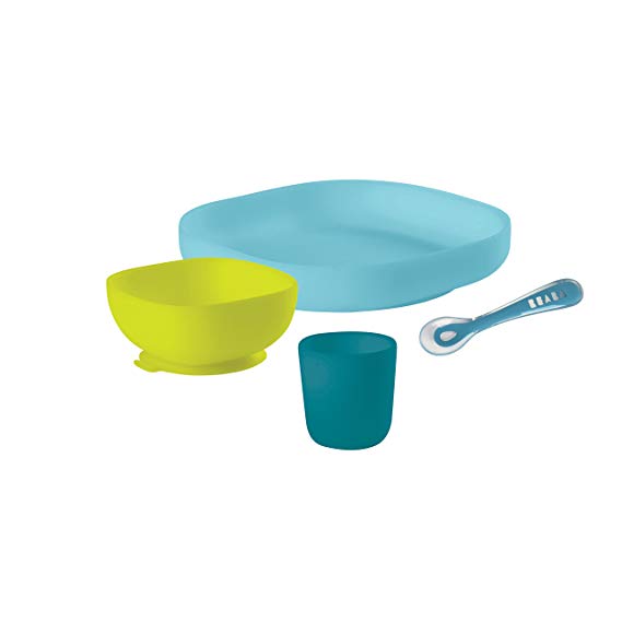 BEABA Silicone 4-Piece Dishware - Easy to Clean - Dishwasher and Microwave Safe - Soft, Unbreakable, Non-Slip Suction Bottom - Includes Plate, Bowl, Cup and 2nd Stage Silicone Spoon (Peacock)