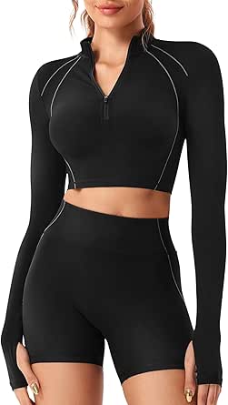 YEOREO Women Zip Up Long Sleeve Workout Crop Top Mock Neck Yoga Shirt