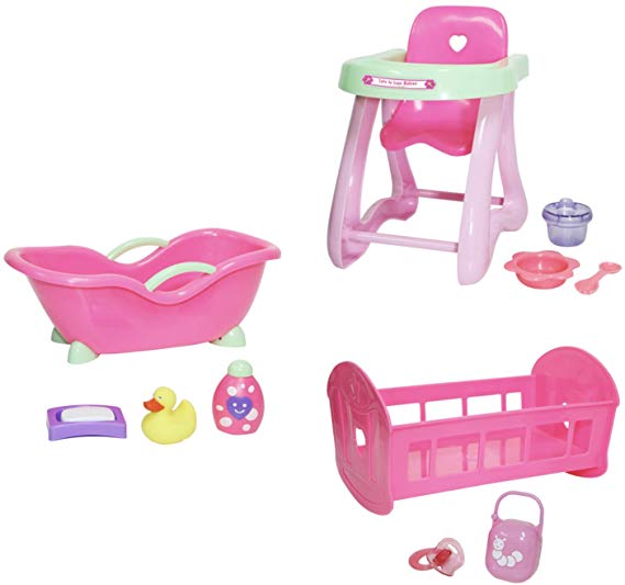 JC Toys Deluxe Doll Accessory Bundle Featuring High Chair, Crib, Bath and Accessories for Dolls up to 11".