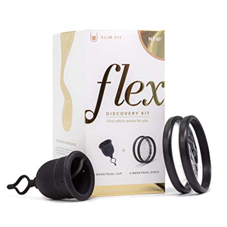FLEX Menstrual Cup - Loved by All Body Types - Gift w/2 Discs - USA Made - Pull String Design - Soft - Stain Proof - Great for Beginners - Adjustable Stem for Custom Fit - 12 Hour Wear (Slim)
