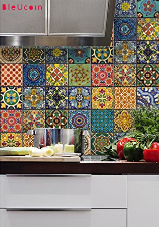 Bleucoin Mexican Talavera Tile Sticker For Kitchen and Bathroom Backsplash Tiles, Stair Riser Peel & Stick Vinyl Decal, 22 Designs (3" x 3" (Pack of 44))