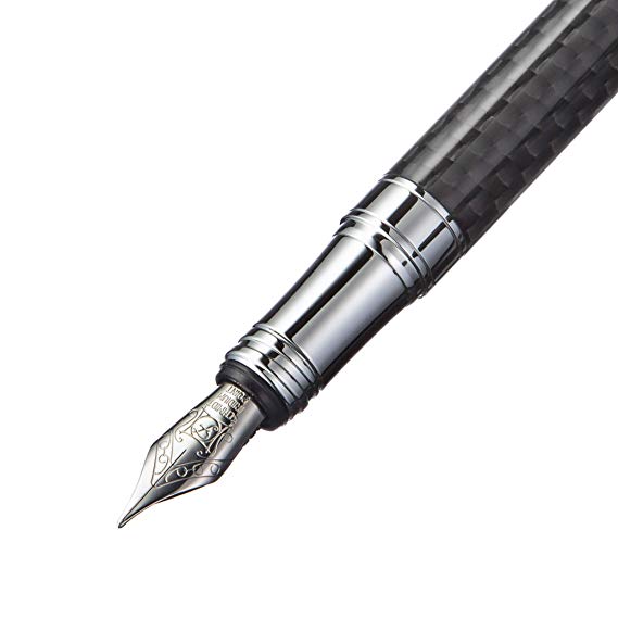Zenzoi Carbon Fiber Fountain Pen| Exquisite Calligraphy Fine Nib Jet Pen| W/Elegant Gift Box-Case, 1x Blue Ink Refill & Ink Converter| Perfect Birthday, Promotion, Anniversary Gift| For Men & Women