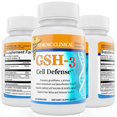 Nordic Clinical's GSH-3 Cell Defense, (60 capsules, 30Day supply).Antioxidants and Detoxifier with NAC, ROC, SelenoExcell. Promote glutathione, for Protection against free radicals. Boost Antioxidant.