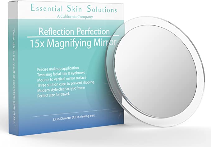 15X Magnifying Mirror – Use for Makeup Application - Tweezing – and Blackhead/Blemish Removal – 6 Inch Round Mirror with Three Suction Cups for Easy Mounting