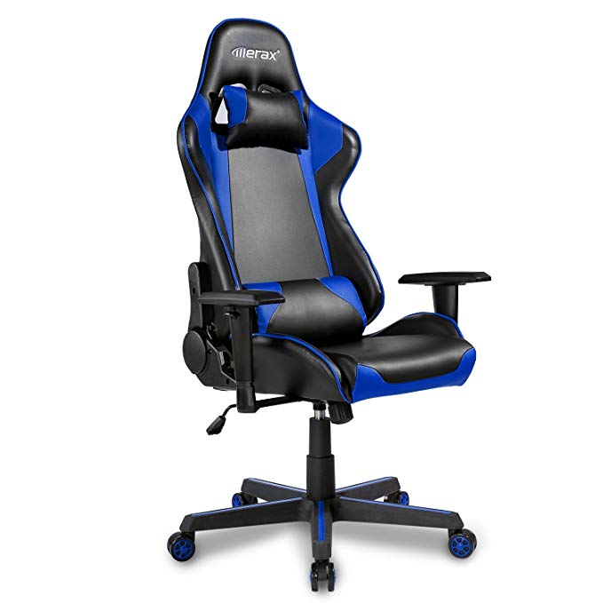 Merax Gaming Chair Racing Style High Back PU Leather Chair Ergonomic Style Swivel Chair with Headrest and Lumbar Support (Blue)