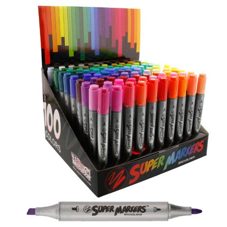 Super Markers Twin-Tip Broad-Liner Marker Set-100 Unique Colors-No Duplicates-Bold Bullet Point & Bold Chisel Tip Markers with 100 Vibrant and Bold Colors