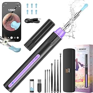 Kekoy Ear Wax Removal Tool, 1296P HD Ear Cleaner Camera, WiFi Otoscope with Light for Ear Cleaning, Gift for Mom Ear Endoscope for iOS & Android, 6 LED Lights and 6 Ear Picks - P8 (Purple for Mom)