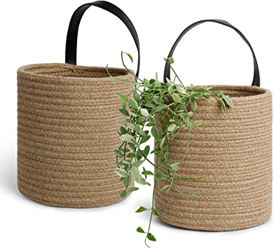 POTEY 710207 2pack Jute Rope Woven Hanging Basket - 7.08 x 7.87 Large Woven Fern Hanging Storage Basket Bin for Flower Plants Clothes, Brown(Plant NOT Included)