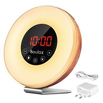 COULAX Sunrise Alarm Clock Wood Wake Up Light Sunlight Sunset Simulation with 6 Nature Sounds Snooze Function, FM Radio, 10 Brightness Levels, 7 Colors Led Light For Bedside and Kids