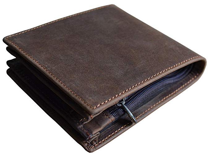 Men's Genuine Leather Bifold Wallet Zipper Coin Pocket Wallet Cow Leather Purse -  Brown -