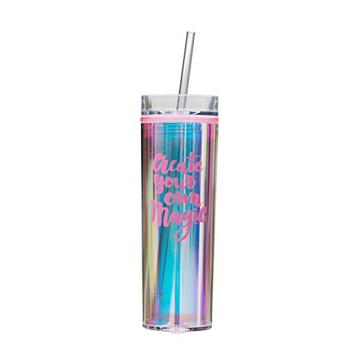 Bewaltz "Create Your Own Magic" Rainbow Double Wall To Go Cold Cup Tumbler with Straw BPA Free 16 oz. (Pink)