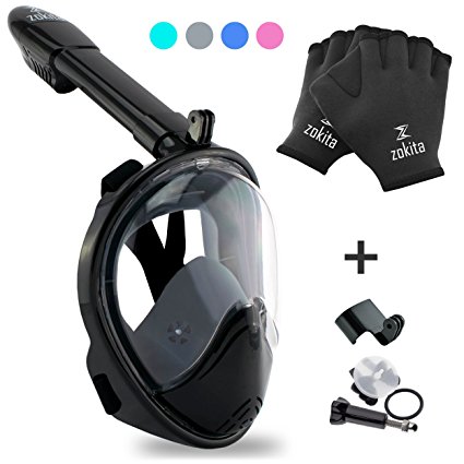 Full Face Snorkel Mask Set, Easy Breath, Anti Fog, Anti Leak Snorkeling Goggles with Removable Cam Mount for GoPro or Underwater Camera, Panoramic 180° Snorkel Mask Clear View & Bonus Swim Gloves