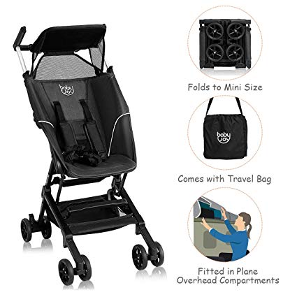 BABY JOY Pocket Stroller, Extra Lightweight Compact Folding Stroller, Aluminum Structure, Five-Point Harness, Easy Handling for Travel, Airplane Compartment, Includes Travel Bag, No Assembly, Black