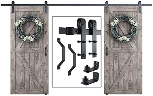 SMARTSTANDARD 12FT Double Sliding Barn Door Hardware Whole Kit (Include 12ft Double Track Kit & Pull Handle Set & Floor Guide), Smoothly and Quietly, Easy to Install, Fit 36" Wide Door Panel (J Shape)