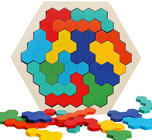 Wooden Hexagon Puzzles Toy for Kid Adults,16 Pcs Colorful Shape Block Tangram Brain Teaser Toy Geometry Logic IQ Game STEM Montessori Educational Gift for All Ages Challenge
