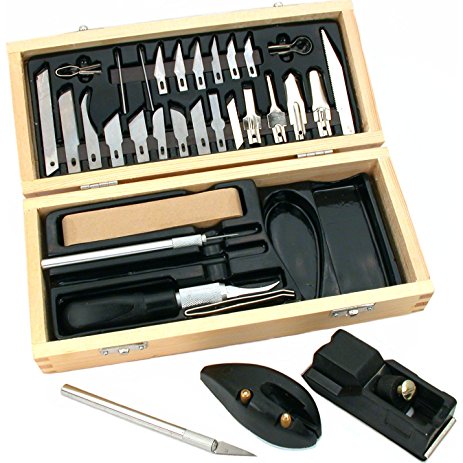 CRAFTER'S EXACTO KNIFE-PLANER 35-PIECE SET 35pc cutting blade set - 3 All-metal Aluminum Handles, 28 Blades of different shades in Wooden Gift Box -10" X 4 1/2" X 2"