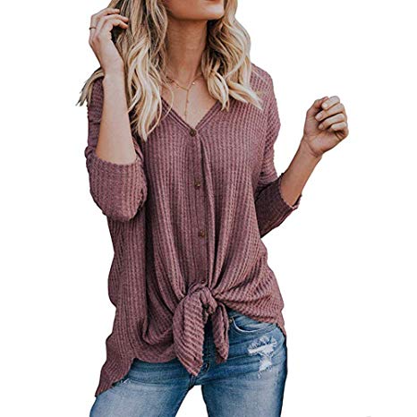 JIREH Womens Waffle Tunic Knit Blouse Tie Knot Henley Tops Long Sleeve Loose Fitting Button Down Henley Shirts
