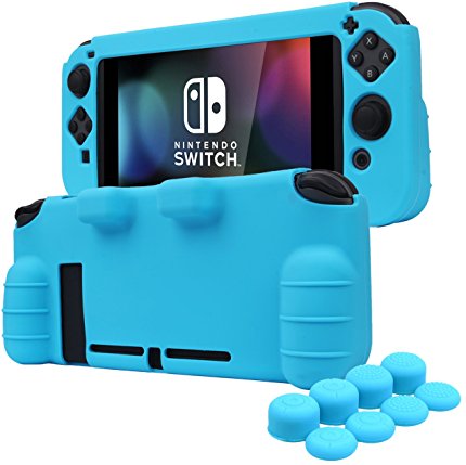 YoRHa HAND GRIP Silicone Cover Skin Case for Nintendo Switch x 1(blue) With Joy-Con thumb grips x 8