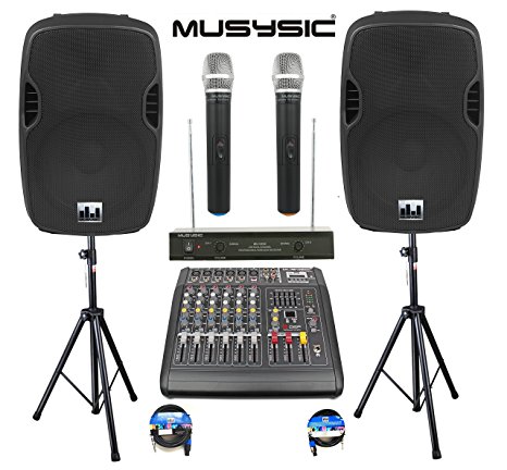 Complete Professional 2000 Watts Complete PA System 6 Ch Mixer 10" Speakers Dual Wireless Mics Stand