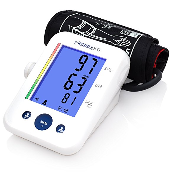 MeasuPro Upper Arm Blood Pressure Monitor Blood Pressure Cuff with Easy-to-Read Backlit LCD, One Size Fits All Cuff, Hypertension Color Alert Technology, Storage Case Included