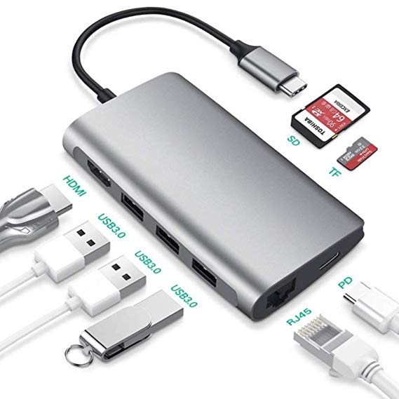 USB C Hub Multiport Adapter - 8 in 1 Thunderbolt 3 hub with USB C Charging, 4K USB C to HDMI, Gigabit Ethernet Adapter, SD/TF Card Reader, 3 USB 3.0 Ports for Apple MacBook Air 2018/MacBook and More