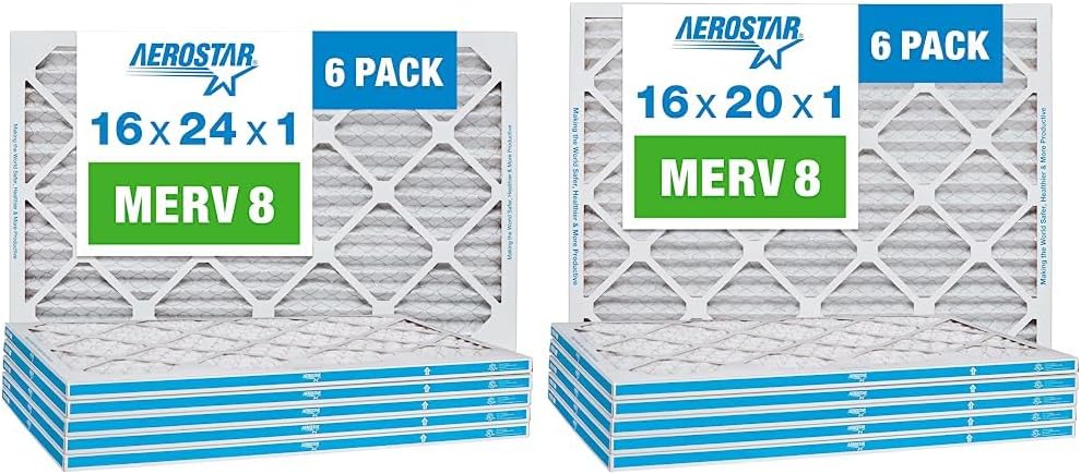 Aerostar 16x24x1 MERV 8 Pleated Air Filter, AC Furnace Air Filter, 6 Pack (Actual Size: 15 3/4"x 23 3/4" x 3/4") & 16x20x1 MERV 8 Pleated Air Filter, AC Furnace Air Filter, 6 Pack