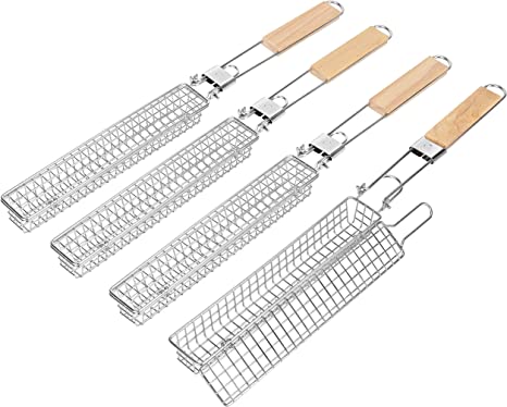 4 Pcs Extra Long 22” Stainless Steel Kabob Grilling Baskets with Foldable Handle- 0.4” Mesh Grid & Easy Lock Grill Basket Set, Kabob Baskets for Grilling Vegetables, Seafood, Meat