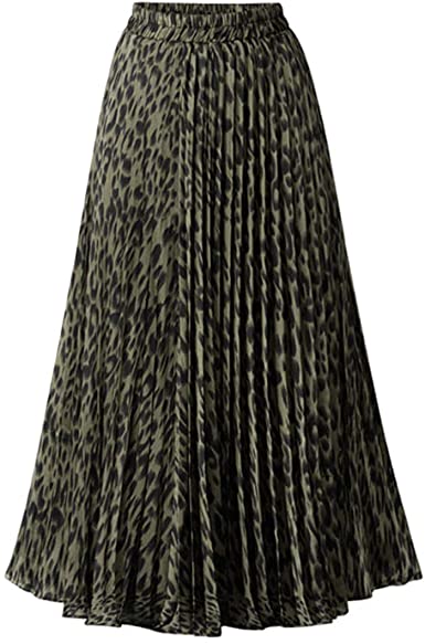 CHARTOU Womens Chic Elastic High Waisted A Line Leopard Print Pleated Shirring Midi-Long Skirt