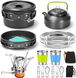 Odoland Camping Geschirr Set Kochset Topfen mit 0.8 L Teekessel Campingbesteck und Becher Leicht Aluminium Campingtopfe Faltbare Kochgeschirr für Outdoor Kochen