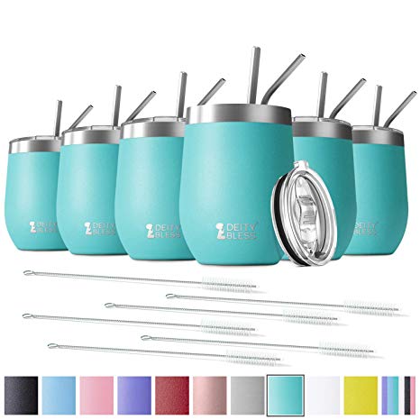 6 Pack 12 oz Stainless Steel Stemless Wine Tumbler with Leakproof Slip Lids, Double Wall Vacuum Insulated Travel Cup Including 12 Straws set,for Coffee, Cocktail, Drink, Tea and Beer