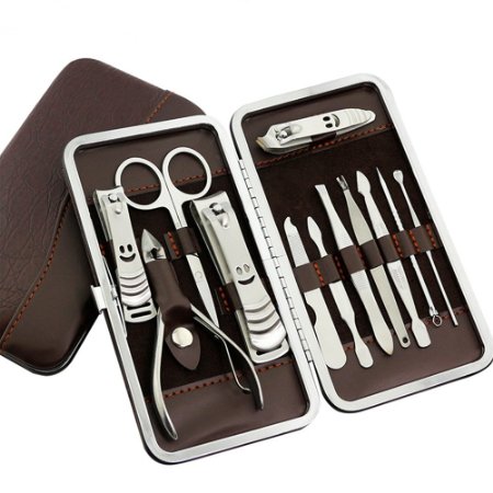PrettyQueen Stainless Steel Personal Manicure Pedicure Set 12 in 1 Beauty Grooming Kit Nail Clippers for Travelling