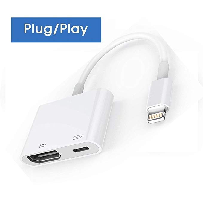 Lightning to HDMI Cable Adapter, Lightning to HDMI, Plug and Play 1080P Audio AV Connector with Charging Port for iPhone (White)