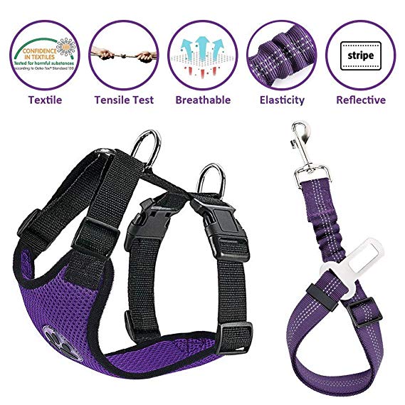 Slowton Dog Car Harness Plus Connector Strap, Multifunction Adjustable Vest Harness Double Breathable Mesh Fabric Car Vehicle Safety Seat Belt