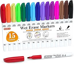 Shuttle Art Wet Erase Markers, 15 Colors 1mm Fine Tip Smudge-Free Markers, Use on Laminated Calendars,Overhead Projectors,Schedules,Whiteboards,Transparencies,Glass,Wipe with Water